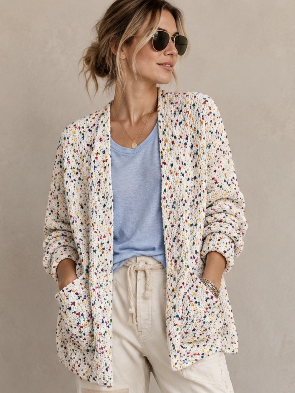 NWOT - Moon & Madison Cream Crochet Multi Colour Confetti Knit Open Cardigan